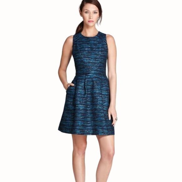 Shoshanna Monique Metallic Jacquard Tweed Teal Sleeveless Fit Flare Dress Sz 6 - Picture 2 of 10